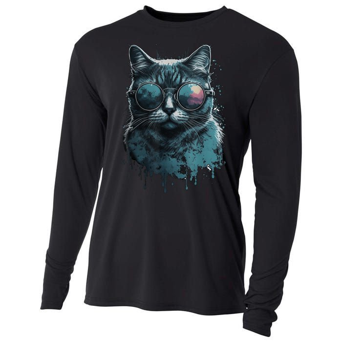 Cool Cat Wearing Sunglasses Design Wear Blue Cooling Performance Long Sleeve Crew