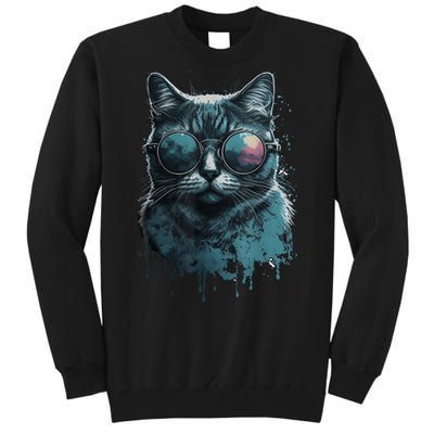 Cool Cat Wearing Sunglasses Design Wear Blue Tall Sweatshirt