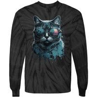 Cool Cat Wearing Sunglasses Design Wear Blue Tie-Dye Long Sleeve Shirt