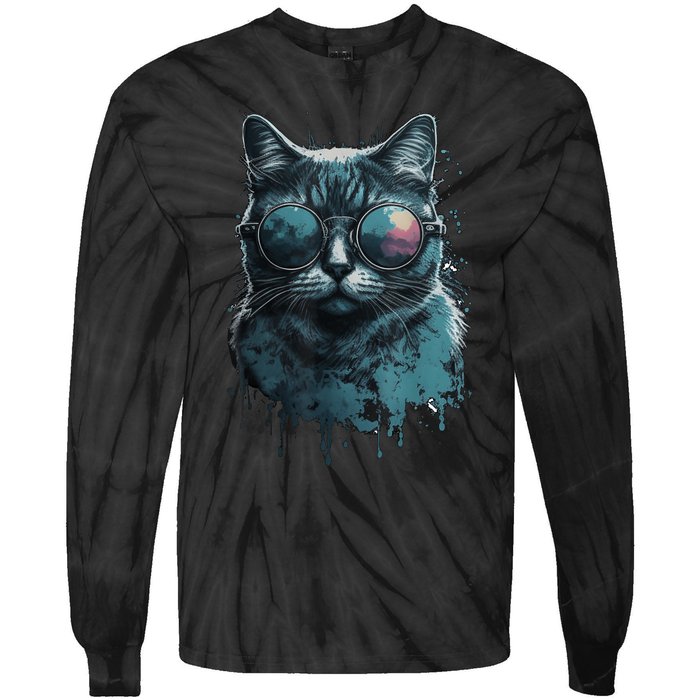 Cool Cat Wearing Sunglasses Design Wear Blue Tie-Dye Long Sleeve Shirt