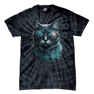 Cool Cat Wearing Sunglasses Design Wear Blue Tie-Dye T-Shirt