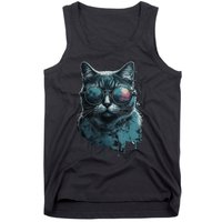 Cool Cat Wearing Sunglasses Design Wear Blue Tank Top