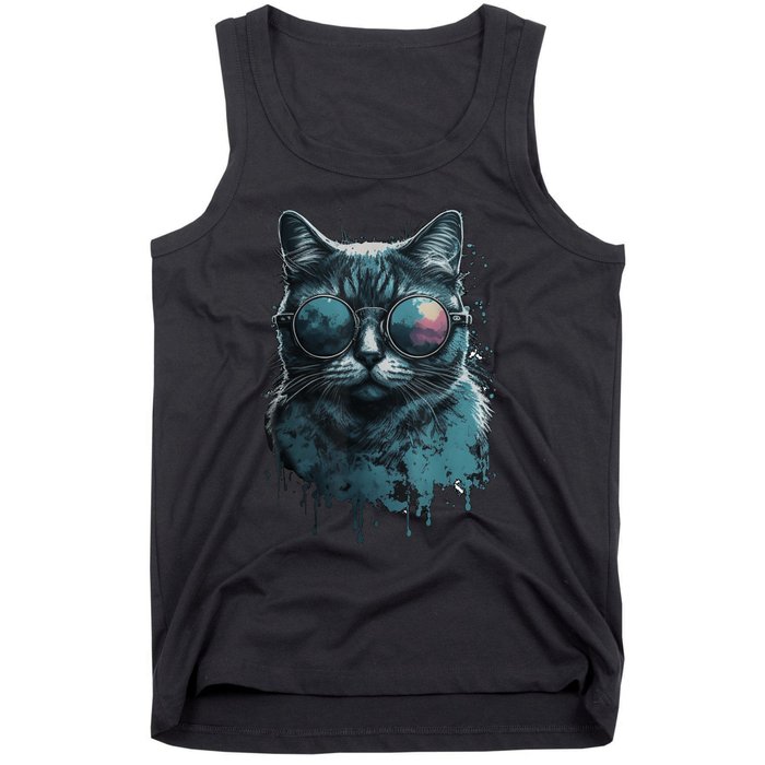 Cool Cat Wearing Sunglasses Design Wear Blue Tank Top