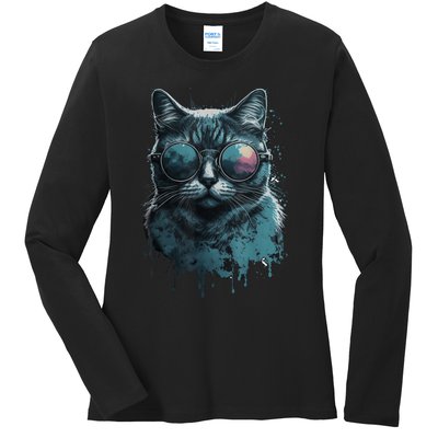 Cool Cat Wearing Sunglasses Design Wear Blue Ladies Long Sleeve Shirt