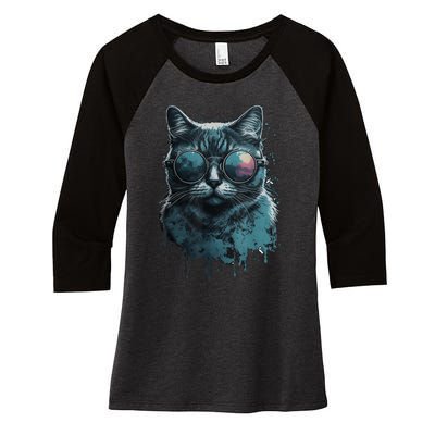 Cool Cat Wearing Sunglasses Design Wear Blue Women's Tri-Blend 3/4-Sleeve Raglan Shirt