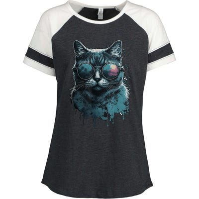 Cool Cat Wearing Sunglasses Design Wear Blue Enza Ladies Jersey Colorblock Tee