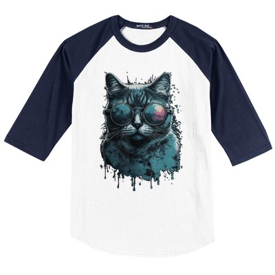 Cool Cat Wearing Sunglasses Design Wear Blue Baseball Sleeve Shirt