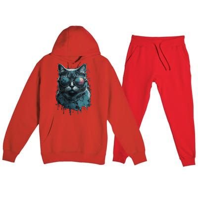 Cool Cat Wearing Sunglasses Design Wear Blue Premium Hooded Sweatsuit Set