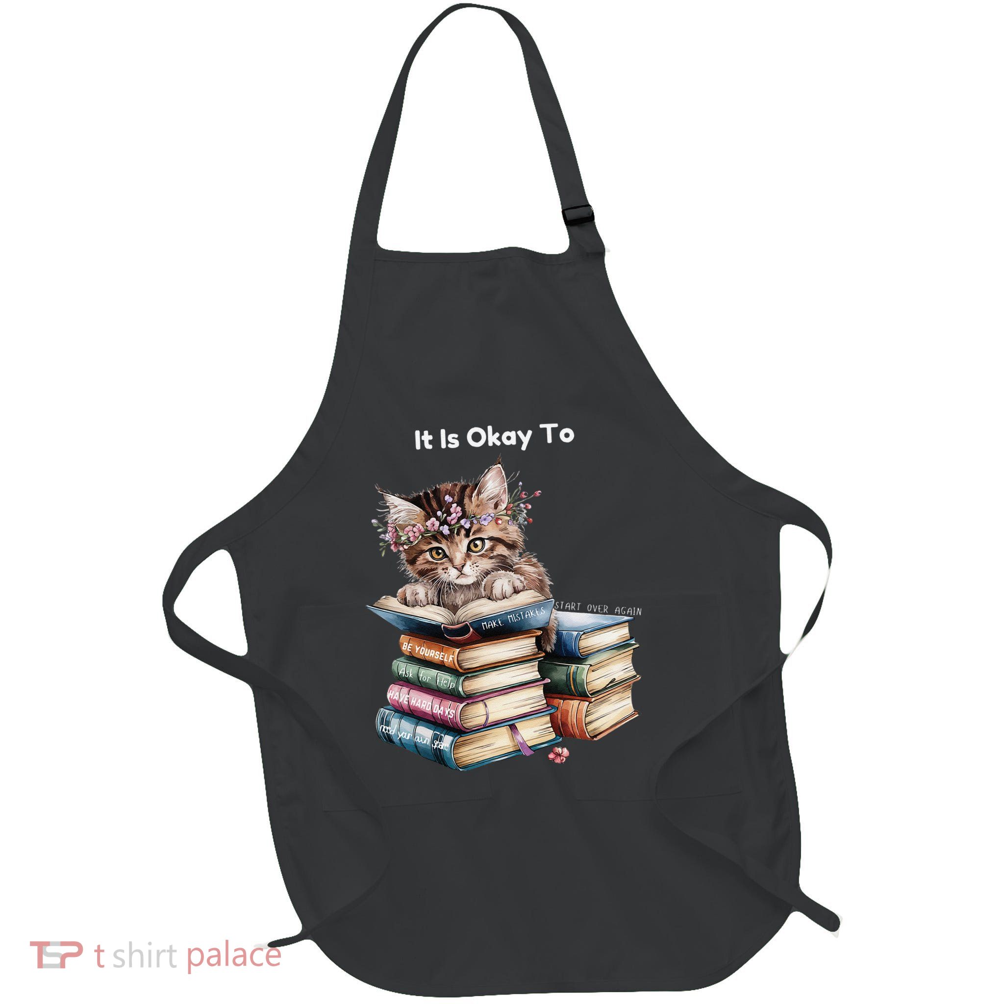 Cute Cat With Book Health Motivation Matters Mental It Okay Full-Length Apron With Pockets