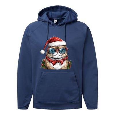 Christmas Cat With Glasses Performance Fleece Hoodie