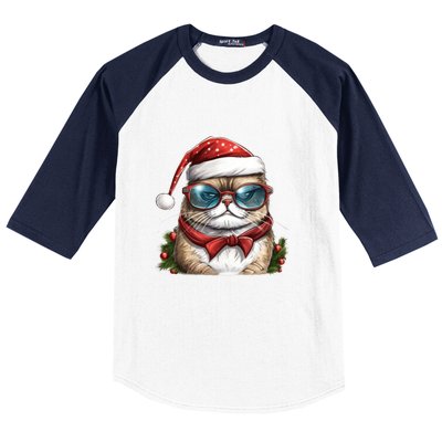 Christmas Cat With Glasses Baseball Sleeve Shirt