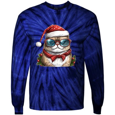 Christmas Cat With Glasses Tie-Dye Long Sleeve Shirt