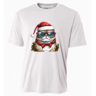 Christmas Cat With Glasses Cooling Performance Crew T-Shirt