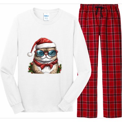 Christmas Cat With Glasses Long Sleeve Pajama Set