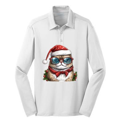 Christmas Cat With Glasses Silk Touch Performance Long Sleeve Polo