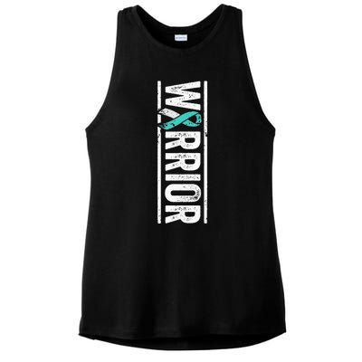 Cervical Cancer Warrior Sideways Teal Awareness Ribbon Ladies PosiCharge Tri-Blend Wicking Tank