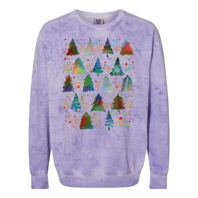 Colorful Christmas Watercolor Tree Pattern Colorblast Crewneck Sweatshirt