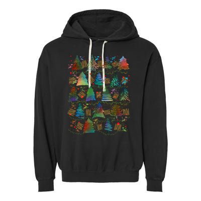Colorful Christmas Watercolor Tree Pattern Garment-Dyed Fleece Hoodie