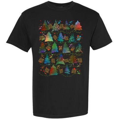 Colorful Christmas Watercolor Tree Pattern Garment-Dyed Heavyweight T-Shirt