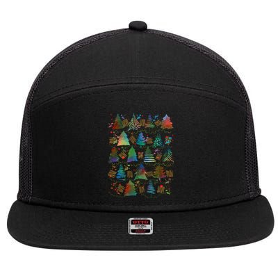 Colorful Christmas Watercolor Tree Pattern 7 Panel Mesh Trucker Snapback Hat