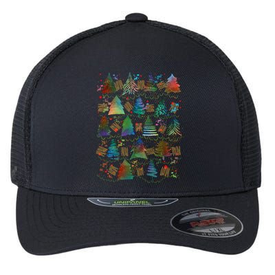 Colorful Christmas Watercolor Tree Pattern Flexfit Unipanel Trucker Cap