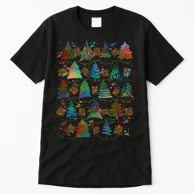 Colorful Christmas Watercolor Tree Pattern Tall T-Shirt