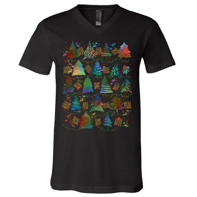 Colorful Christmas Watercolor Tree Pattern V-Neck T-Shirt