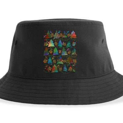 Colorful Christmas Watercolor Tree Pattern Sustainable Bucket Hat