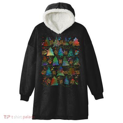 Colorful Christmas Watercolor Tree Pattern Hooded Wearable Blanket