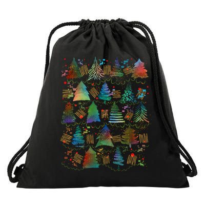 Colorful Christmas Watercolor Tree Pattern Drawstring Bag