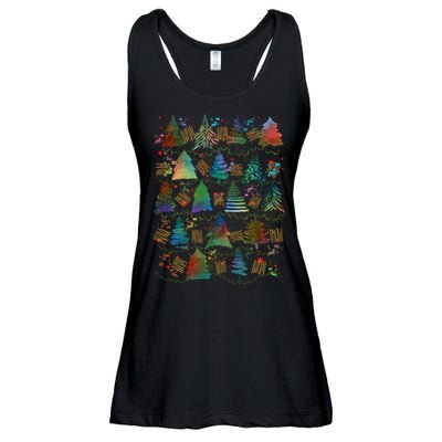 Colorful Christmas Watercolor Tree Pattern Ladies Essential Flowy Tank