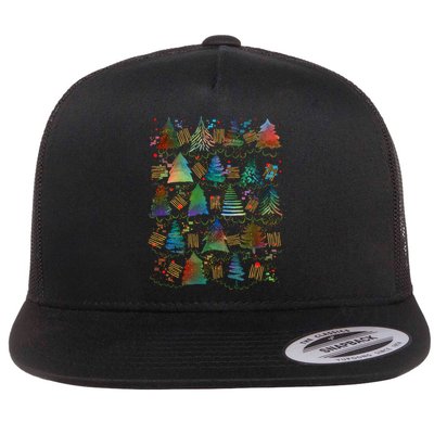 Colorful Christmas Watercolor Tree Pattern Flatbill Hat