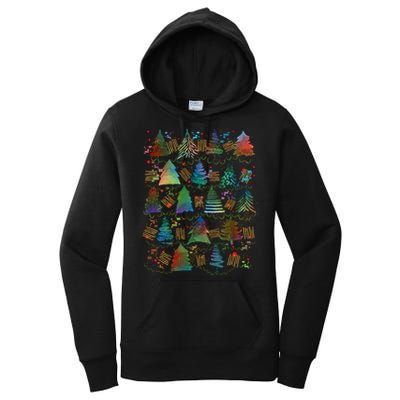 Colorful Christmas Watercolor Tree Pattern Women's Pullover Hoodie