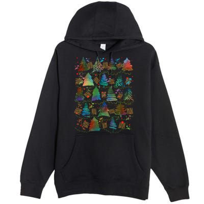 Colorful Christmas Watercolor Tree Pattern Premium Pullover Hoodie