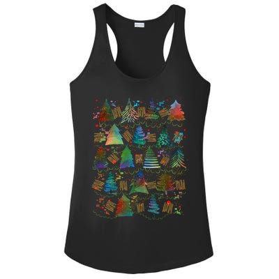 Colorful Christmas Watercolor Tree Pattern Ladies PosiCharge Competitor Racerback Tank
