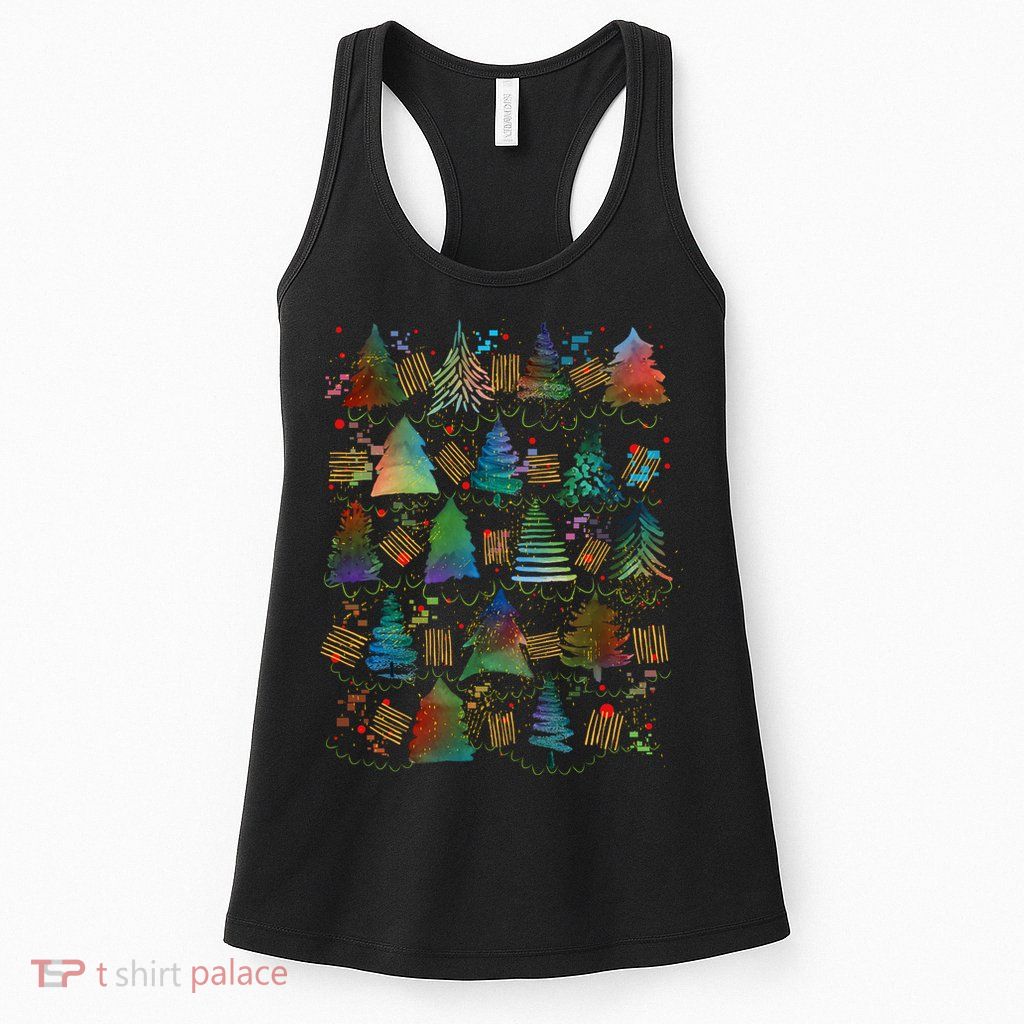 Colorful Christmas Watercolor Tree Pattern Womens Tank Top