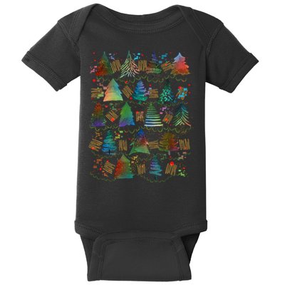 Colorful Christmas Watercolor Tree Pattern Baby Bodysuit