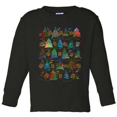 Colorful Christmas Watercolor Tree Pattern Toddler Long Sleeve Shirt