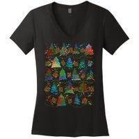 Colorful Christmas Watercolor Tree Pattern Women's V-Neck T-Shirt
