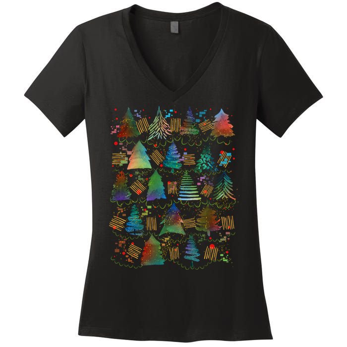 Colorful Christmas Watercolor Tree Pattern Women's V-Neck T-Shirt