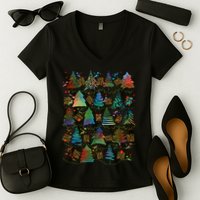 Colorful Christmas Watercolor Tree Pattern Women's V-Neck T-Shirt