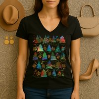 Colorful Christmas Watercolor Tree Pattern Women's V-Neck T-Shirt
