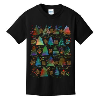 Colorful Christmas Watercolor Tree Pattern Kids T-Shirt