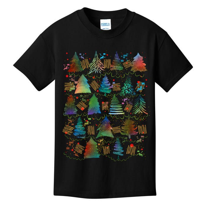 Colorful Christmas Watercolor Tree Pattern Kids T-Shirt