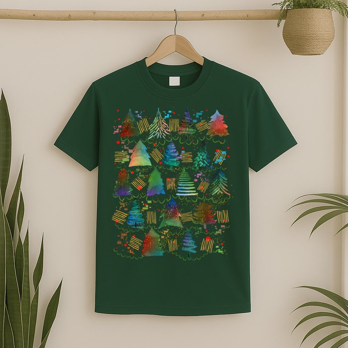 Colorful Christmas Watercolor Tree Pattern T-Shirt