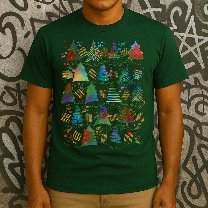 Colorful Christmas Watercolor Tree Pattern T-Shirt