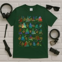 Colorful Christmas Watercolor Tree Pattern T-Shirt