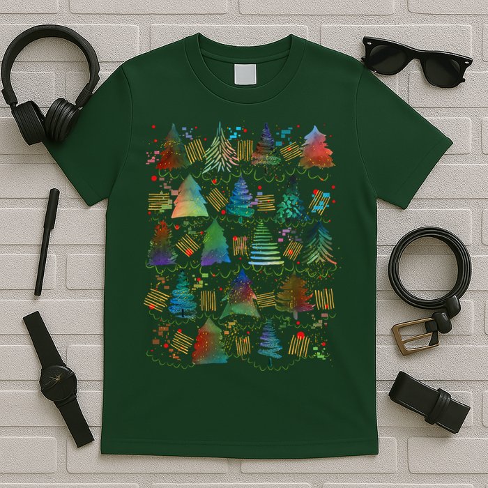 Colorful Christmas Watercolor Tree Pattern T-Shirt