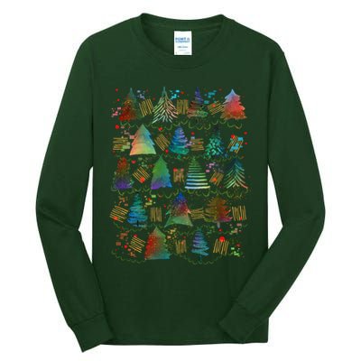 Colorful Christmas Watercolor Tree Pattern Tall Long Sleeve T-Shirt