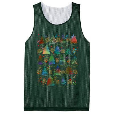 Colorful Christmas Watercolor Tree Pattern Mesh Reversible Basketball Jersey Tank